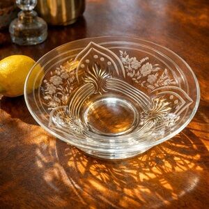 Vintage Floral Etched Glass Bowl 12” Centerpiece